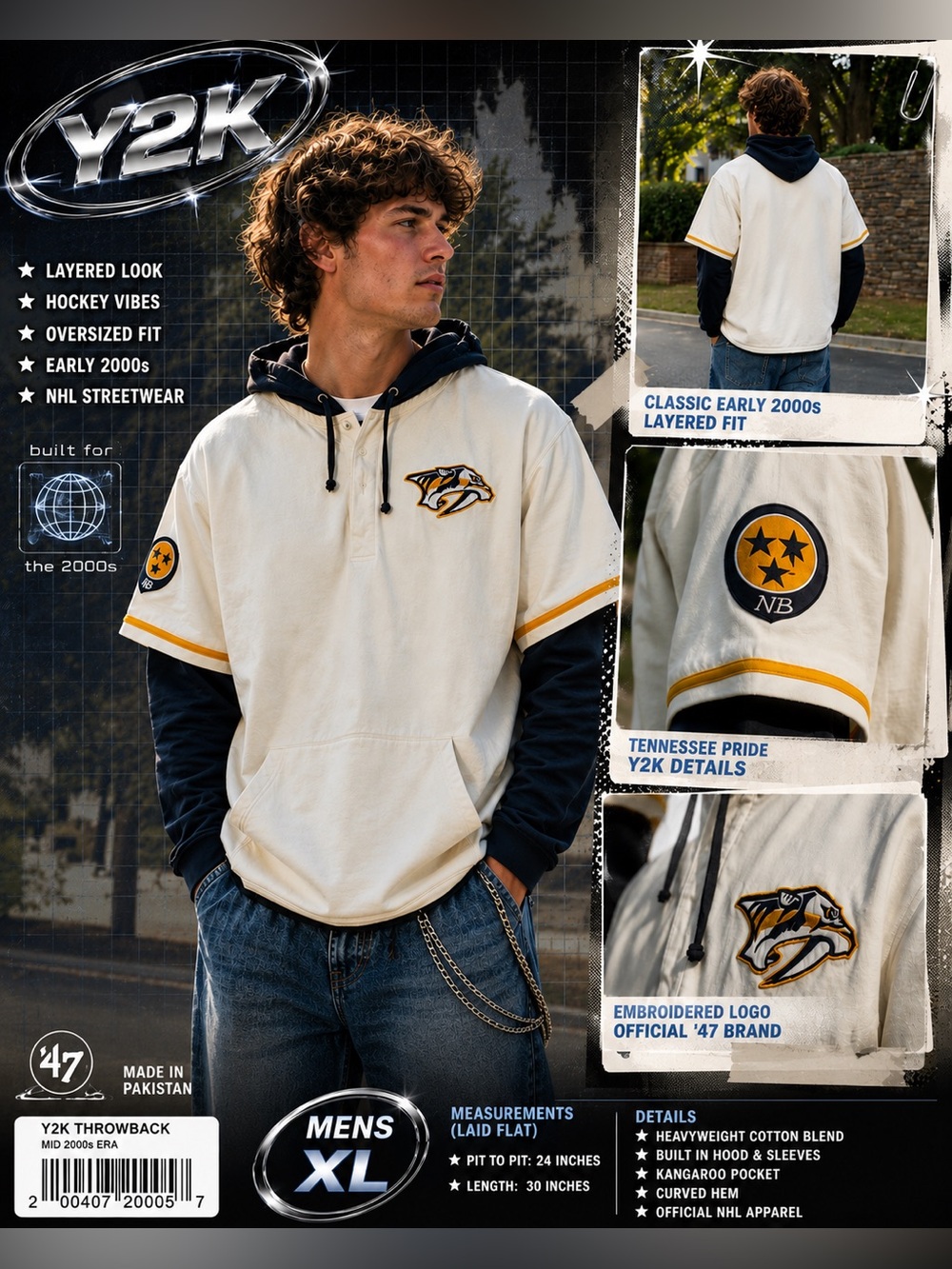 Y2K ‘47 Brand Nashville Predators Layered Hooded Hockey Pullober Men’s XL NHL